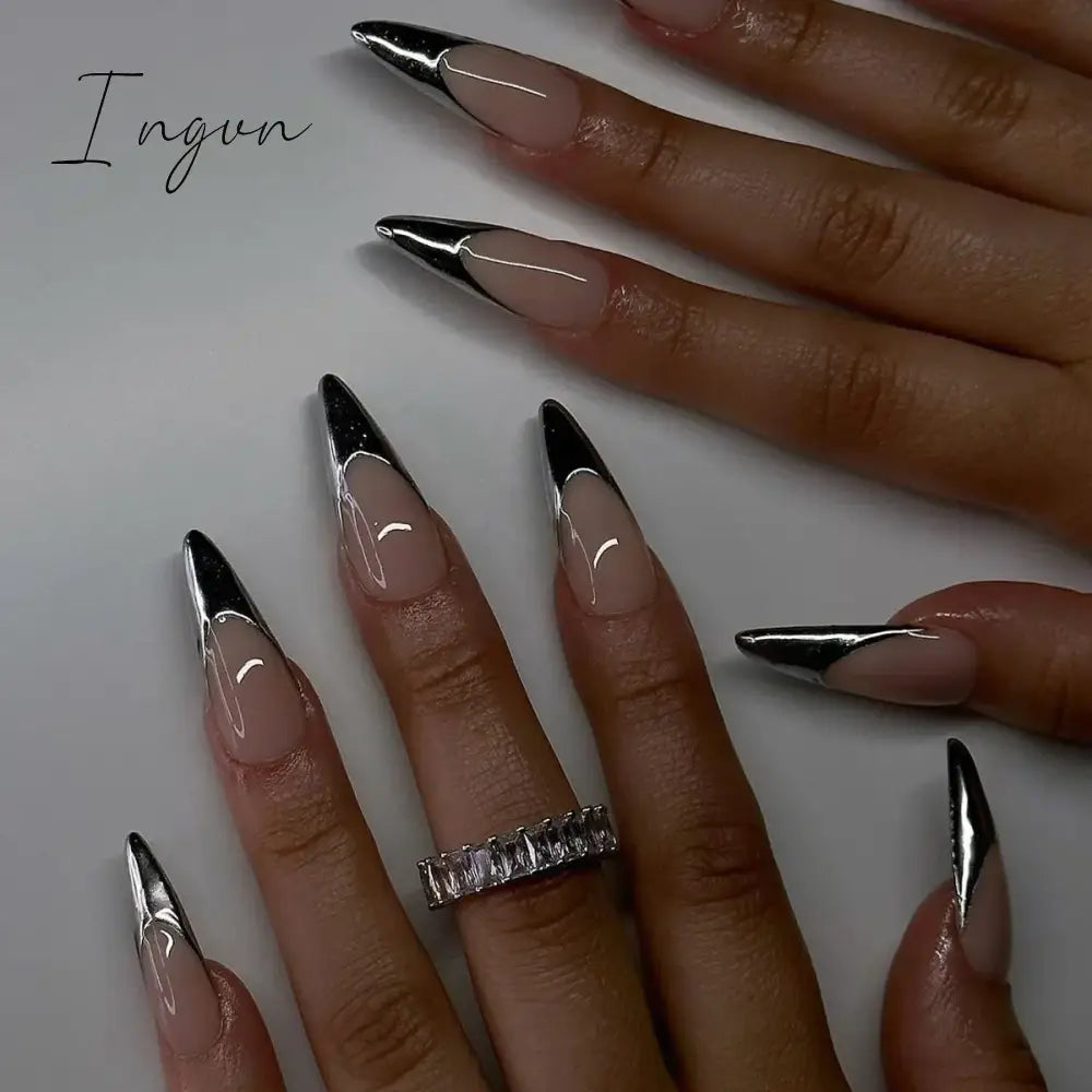24pcs y2k Long Pointed False Nails Cool Girl Style Silver Flame Pattern Press on Nails Detchable Full Cover Fake Nail Patches
