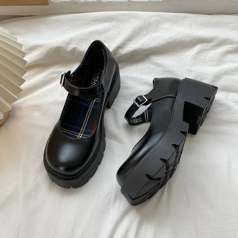 Platform Heels Mary Jane Shoes Simple Lolita Black Platform Heeled Shoes Student College Sweet Medium Heel Women Single Shoes