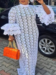 Ingvn - New Fashion African Women Dresses Dashiki Elegant Maxi Long White Lace Hollow Out Muslim Fashion Abayas Robe Abaya Dubai Luxe Party Clothes
