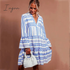 Ingvn - V neck Swing Women Daily Cotton Bell Sleeve Printed Tribal Summer Dress