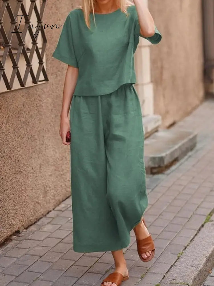 Ingvn - Plus Size 5XL Cotton Women's Pantsuit Suit Loose O-neck Top Wide-leg Trouser Suits Female Spring Fashion Casual Set Ladies