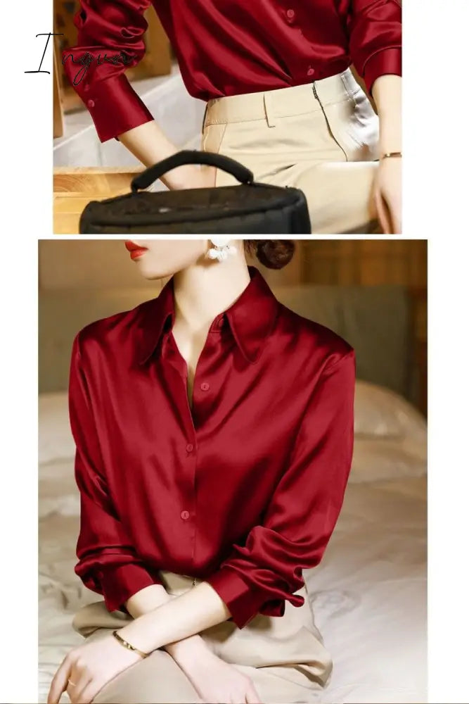 Ingvn - Brand Quality Luxury Women Shirt Elegant Office Button Up Long Sleeve Shirts Momi Silk Crepe Satin Blouses for Women Fashion Business Ladies Top