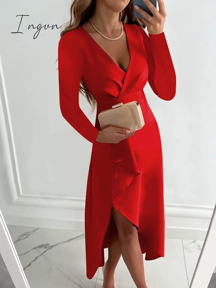 Ingvn - Women Casual Long Sleeve Fashion Solid Long Dress Autumn Winter Sexy V-neck Elegant Office Lady Irregular Dresses Female