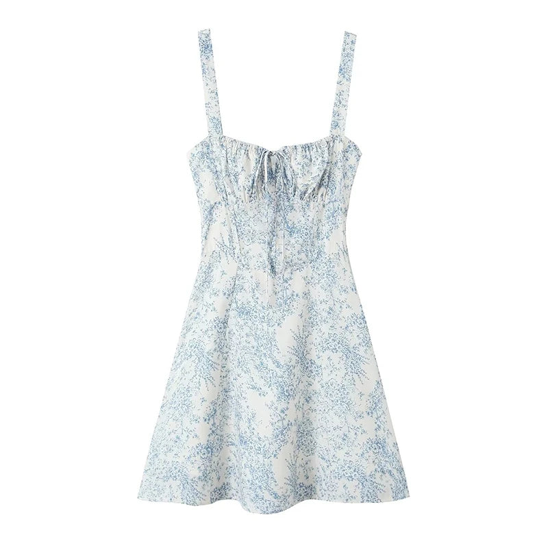 New Women French Style Floral Print Sling Short Dress Lace Up Bandage Back A-line  Summer Dress Holiday Robe