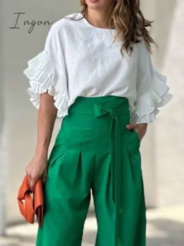 Ingvn - Women's Shirt Pants Sets White Solid Color Ruffle Half Sleeve Casual Daily Fashion Round Neck Regular Fit Spring &  Fall
