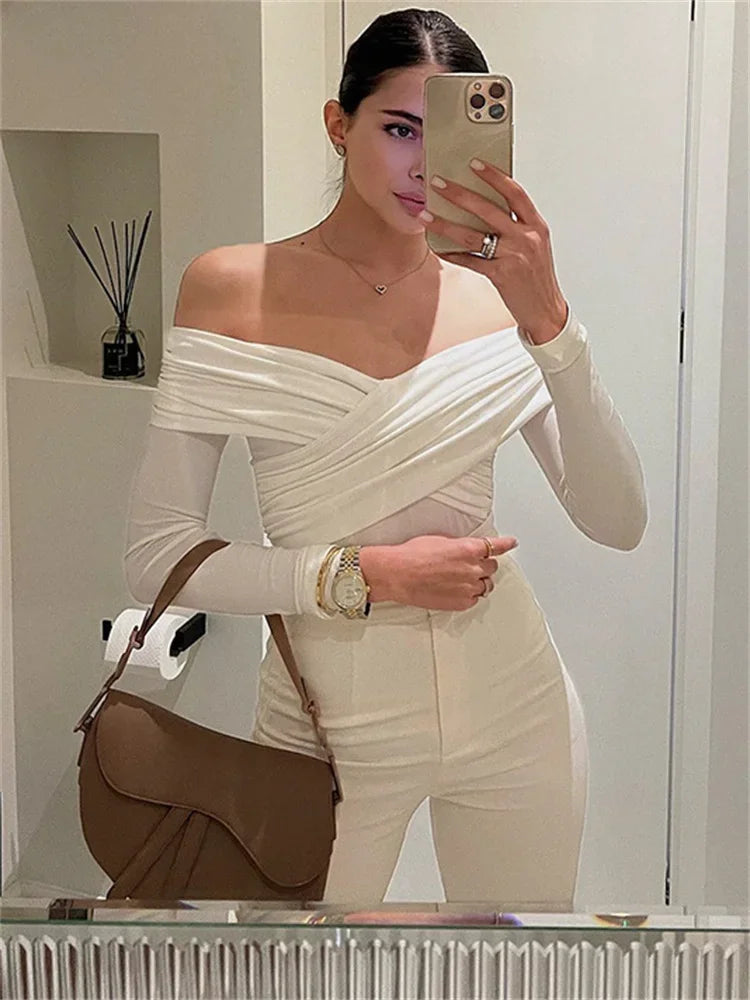 White See-Through Patchwork Jumpsuit For Women Pleated Slim Sexy High Waist Long Sleeve Off-Shoulder Rompers Streetwear