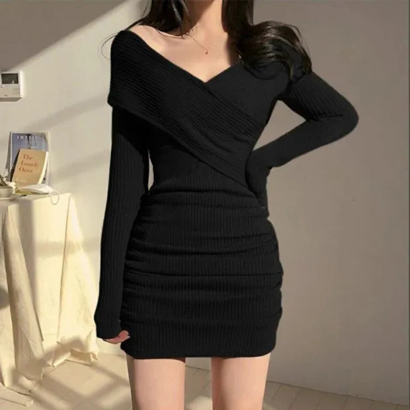 Vintage Sexy V-Neck Knitted Mini Dress Women's Long Sleeve One Piece Slim Club Evening Party Prom Chic Vestido Mujer
