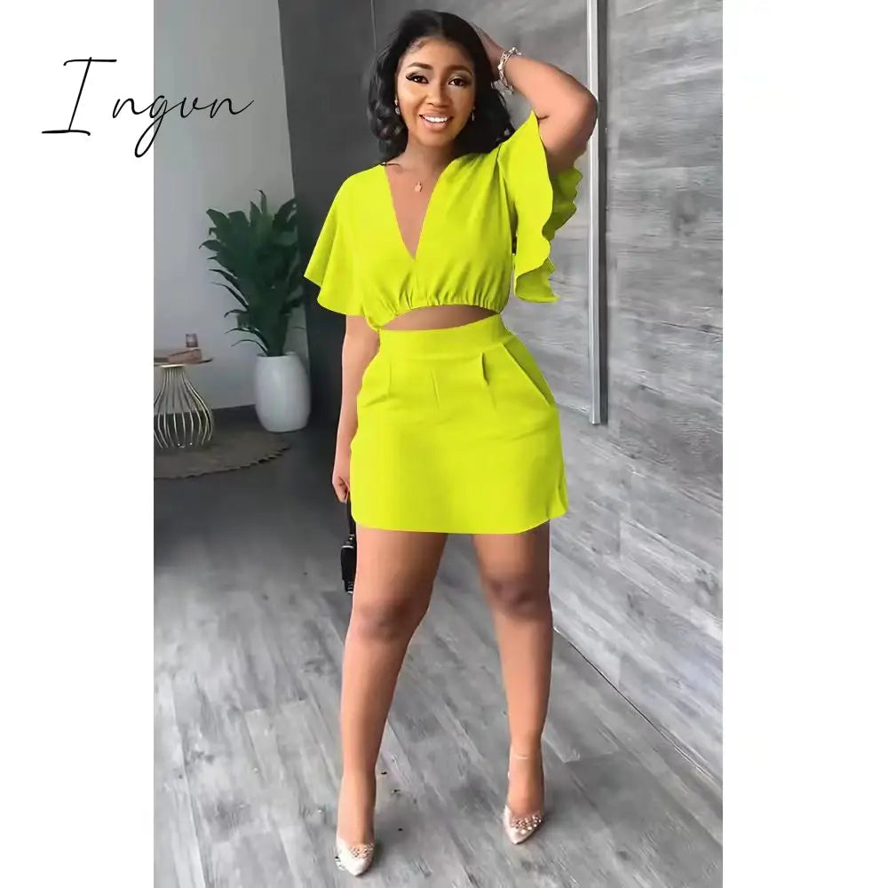 Ingvn - Summer 2 Pcs Suits Fashion V-neck Ruffle Sleeve Tshirt High Waist A-line Mini Skirt 2 Piece Suits Outifits for Women