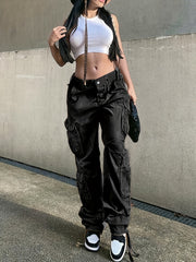 Girl's Wide Legs Baggy Cargo Pants with 2 Flap Pockets, Y2K Style Jeans, Vintage Kpop Inspired Women's Denim Clothing