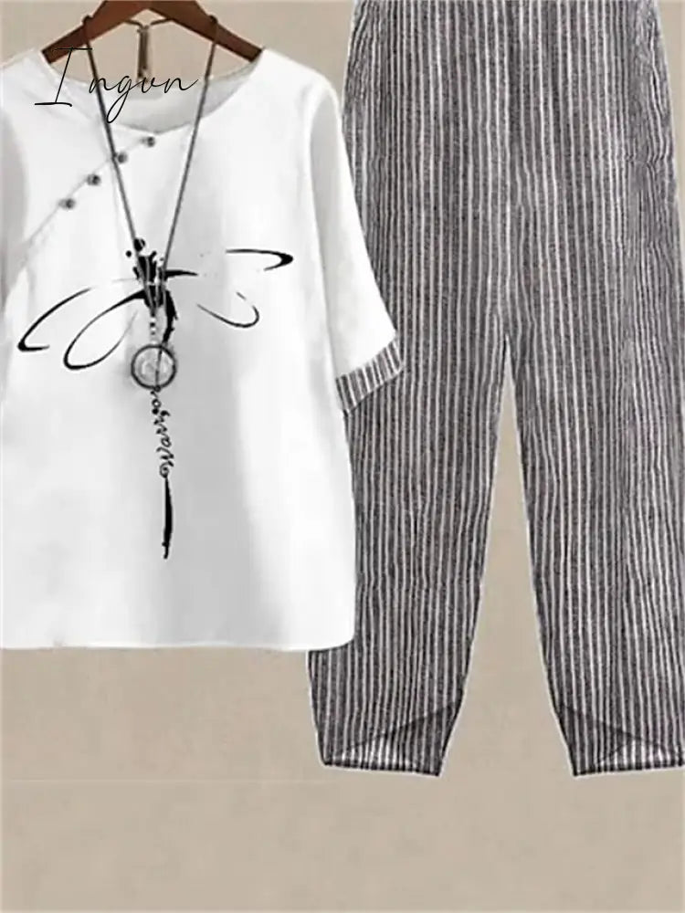 Ingvn - Women's Shirt Pants Sets Pants Trousers Basic White Pink Holiday Weekend Graphic Striped Print Round Neck S M L XL 2XL