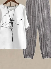 Ingvn - Women's Shirt Pants Sets Pants Trousers Basic White Pink Holiday Weekend Graphic Striped Print Round Neck S M L XL 2XL