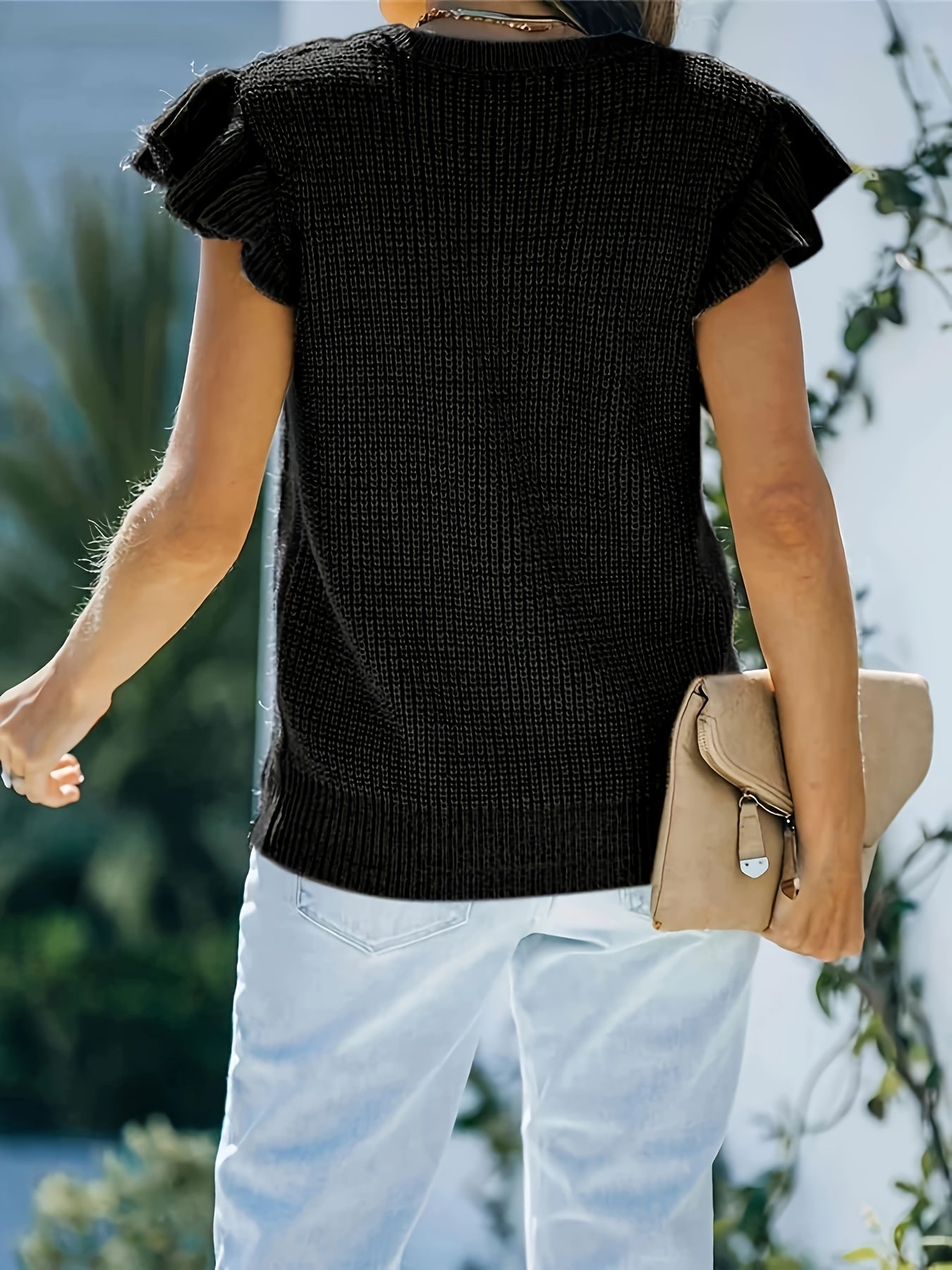 Solid Crew Neck Knit Sweater, Casual Ruffle Sleeve Sweater For For Spring & Fall, Women's Clothing