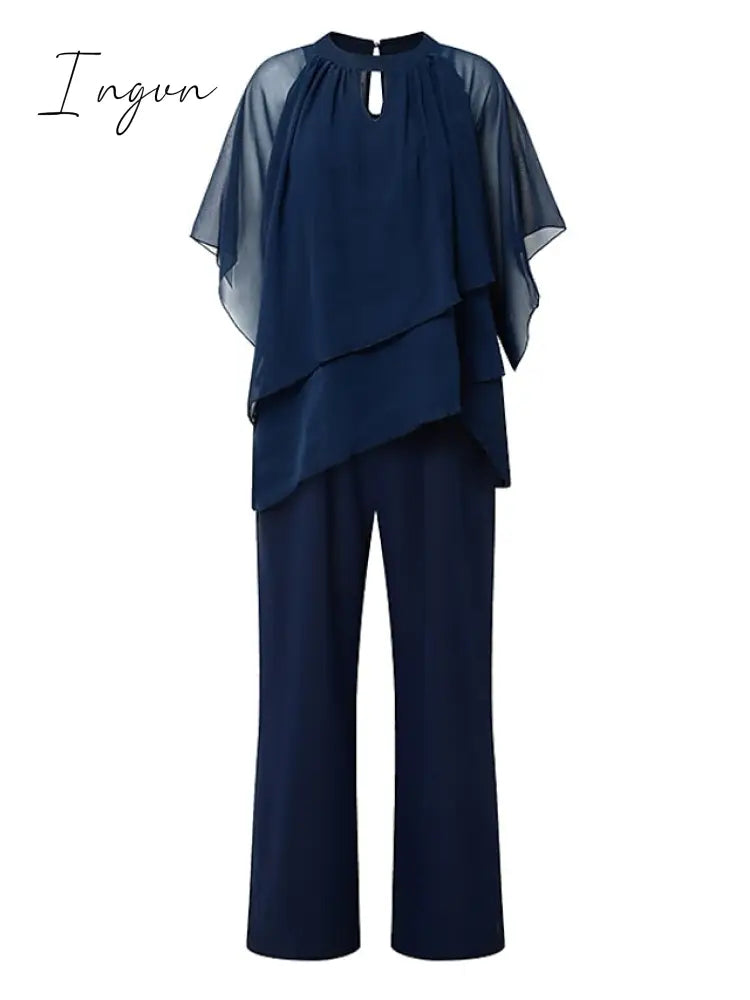 Ingvn - Jumpsuits for Women Summer Dressy Solid Color Round Neck Elegant Daily Vacation Straight Regular Fit Half Sleeve Navy Blue 3XL Spring Fall