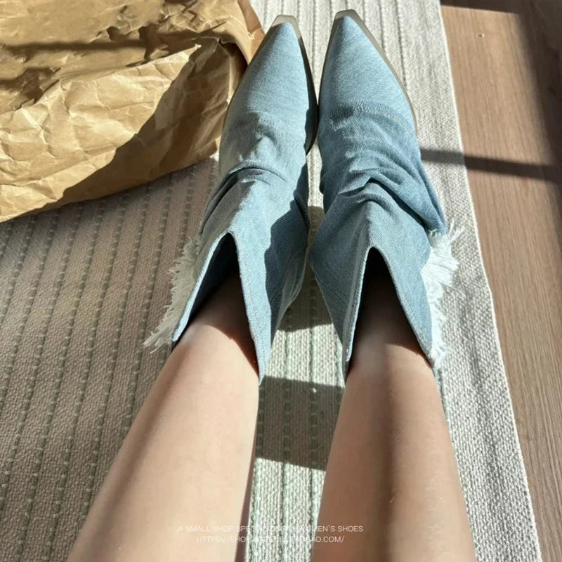 Ingvn  Pointed Toe Denim Women Western Cowboy Boots Fashion Slip On Short Booties Retro Style Autumn Winter Female Shoes