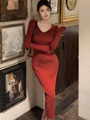 Elegant Knitted Dresses for Women Vintage V-Neck Long Sleeves Party Midi Dress Autumn Solid Prom Vestidos Female Casual Clothing