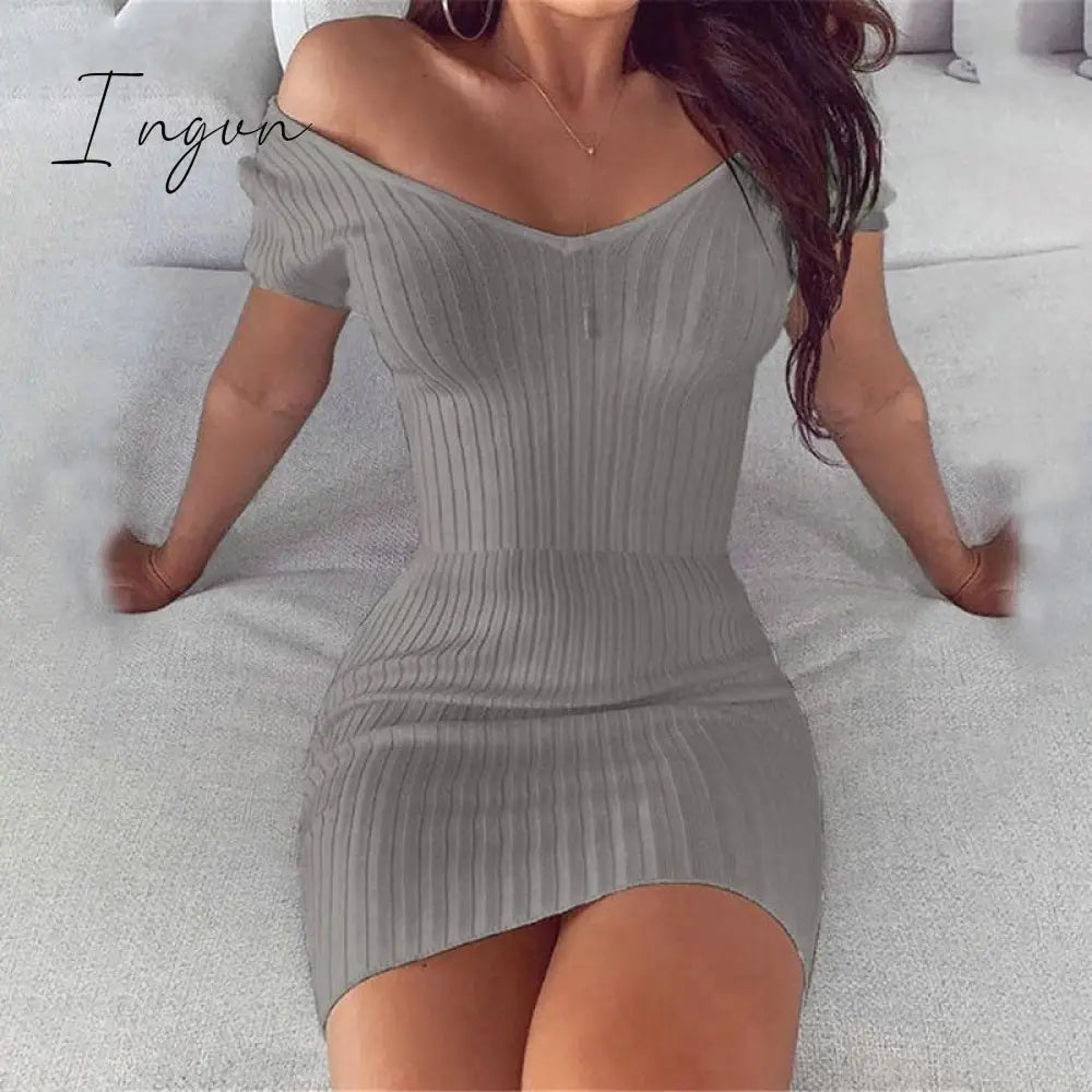 Ingvn - Sexy Club Off Shoulder Long Sleeve Bodycon Dress For Women Winter White Knitted Sweater Mini Woman Dresses Robe Femme