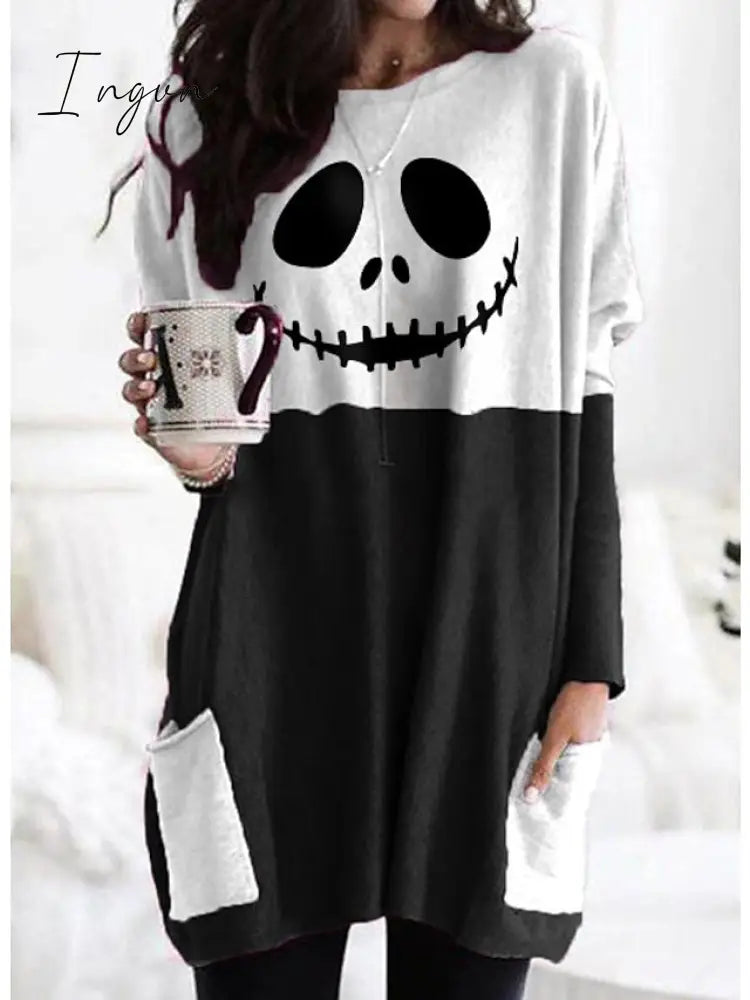 Ingvn - Women's Tunic Shirts Tunic Black White Wine Plaid Color Block Pocket Print Long Sleeve Halloween Weekend Round Neck Long Abstract Painting S