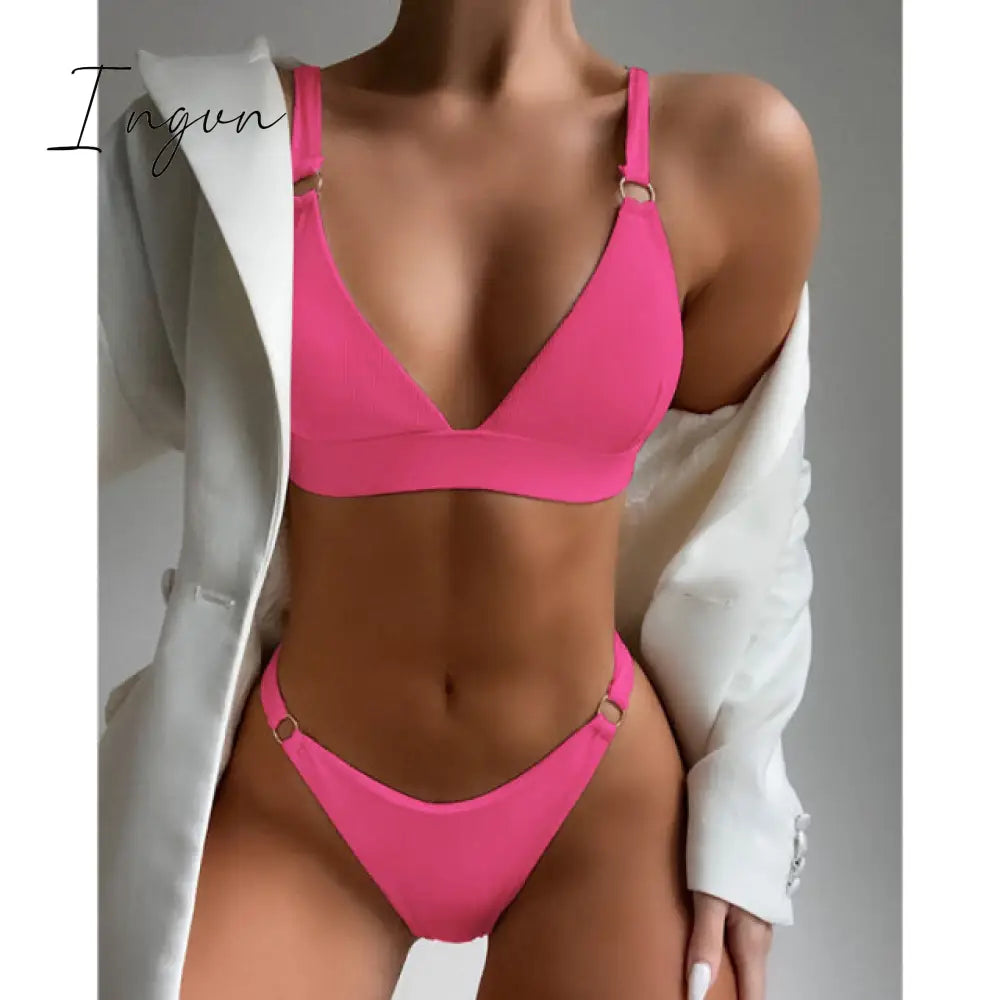 Ingvn - New Sexy Ribbed Ring Bikinis Swimsuit Women Push Up Swimwear Solid Bikini Set Summer Beach Brazil Biquini Swim Bathing Suit