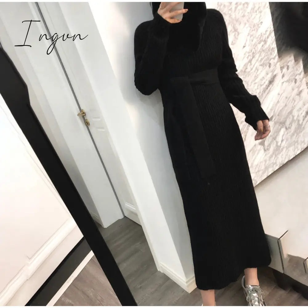Ingvn - Turtleneck knitted sweater dress ladies fall winter elastic cashmere bottoming shirt midlength over the knee thick sweater dress