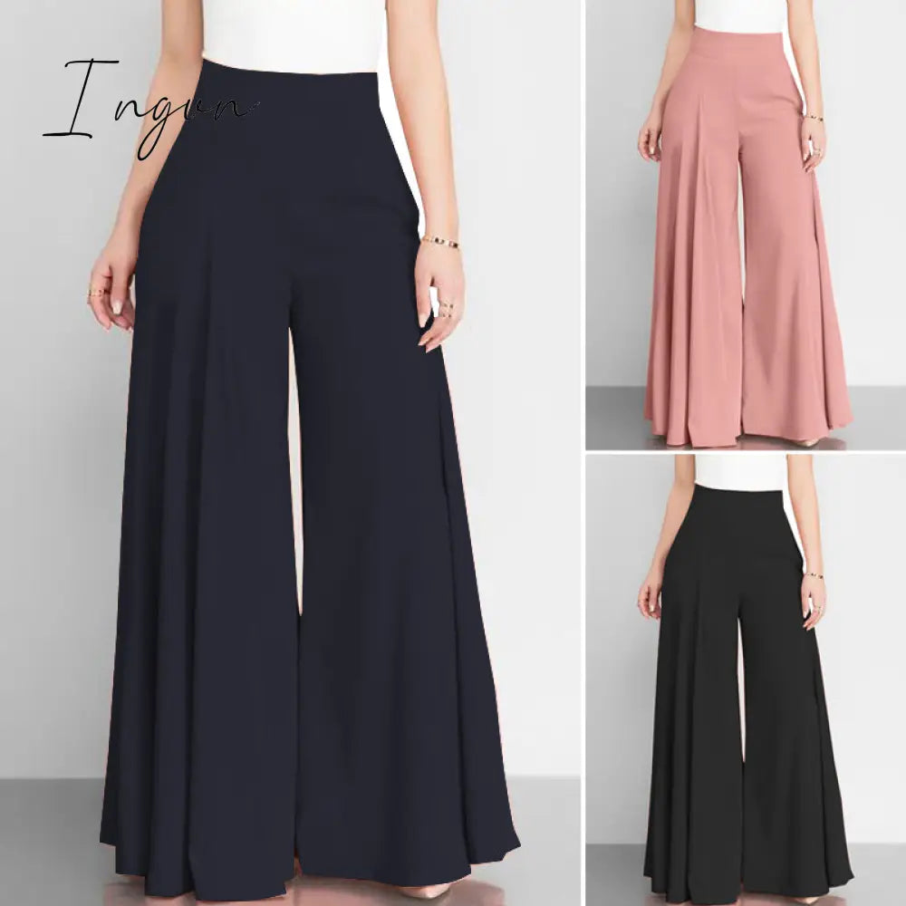 Ingvn - Women Elegant High Waist Wide Leg Pants Spring Vintage Flare Trousers Casual Solid Zipper Pantalon Female Palazzo
