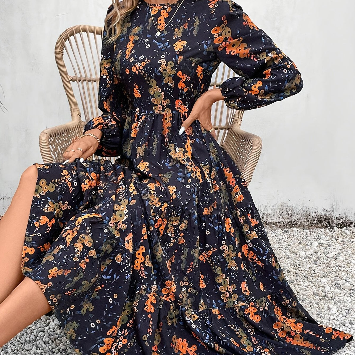 Floral Print Crew Neck Dress, Elegant Long Sleeve A-line Dress For Spring & Fall, Women's Clothing