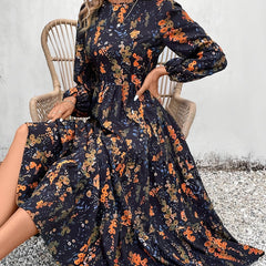Floral Print Crew Neck Dress, Elegant Long Sleeve A-line Dress For Spring & Fall, Women's Clothing