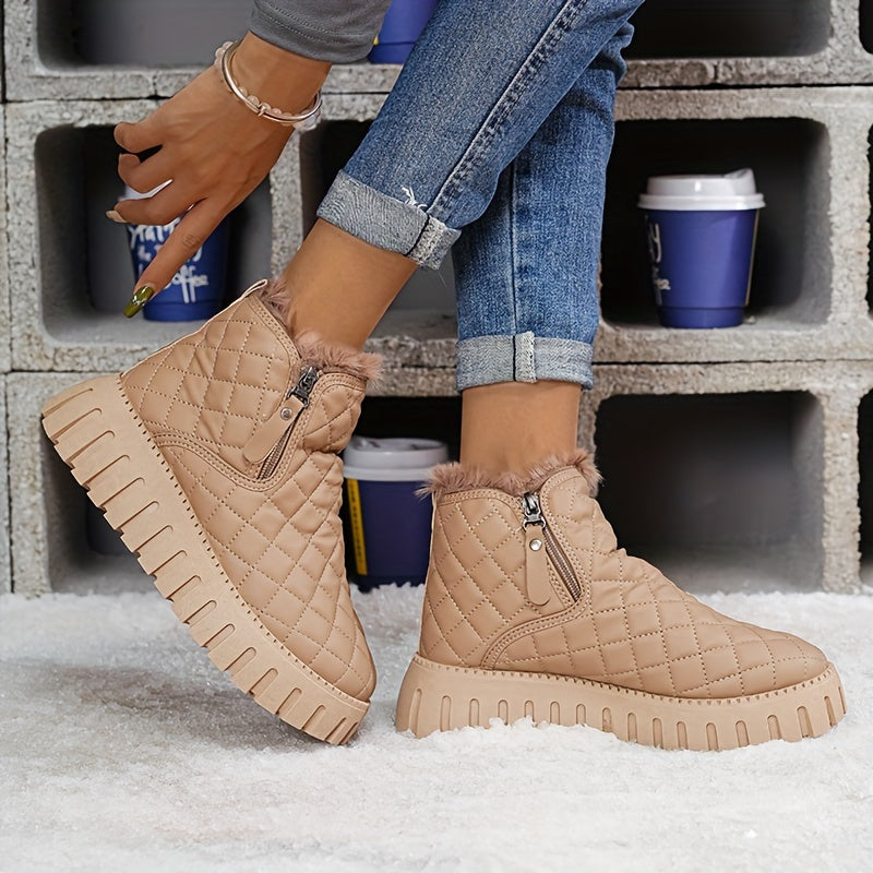 1pr Winter Warm Fleece-Lined Ankle Boots for Women - Casual Solid Color Round Toe Zippered Comfort Boots with Low Platform Heel, Non-Slip Rubber Sole, Fabric Insole - PU Upper, Fabric Lining - Thick Warm Snow Boots