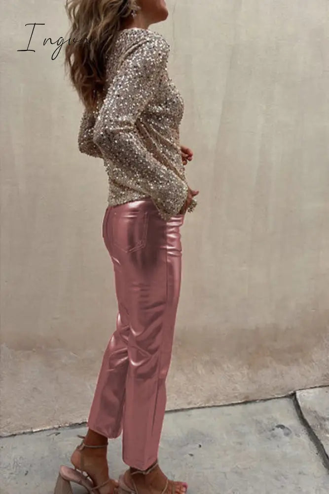 Ingvn - Sinclair Metallic Faux Leather High Rise Pocketed Straight Pants