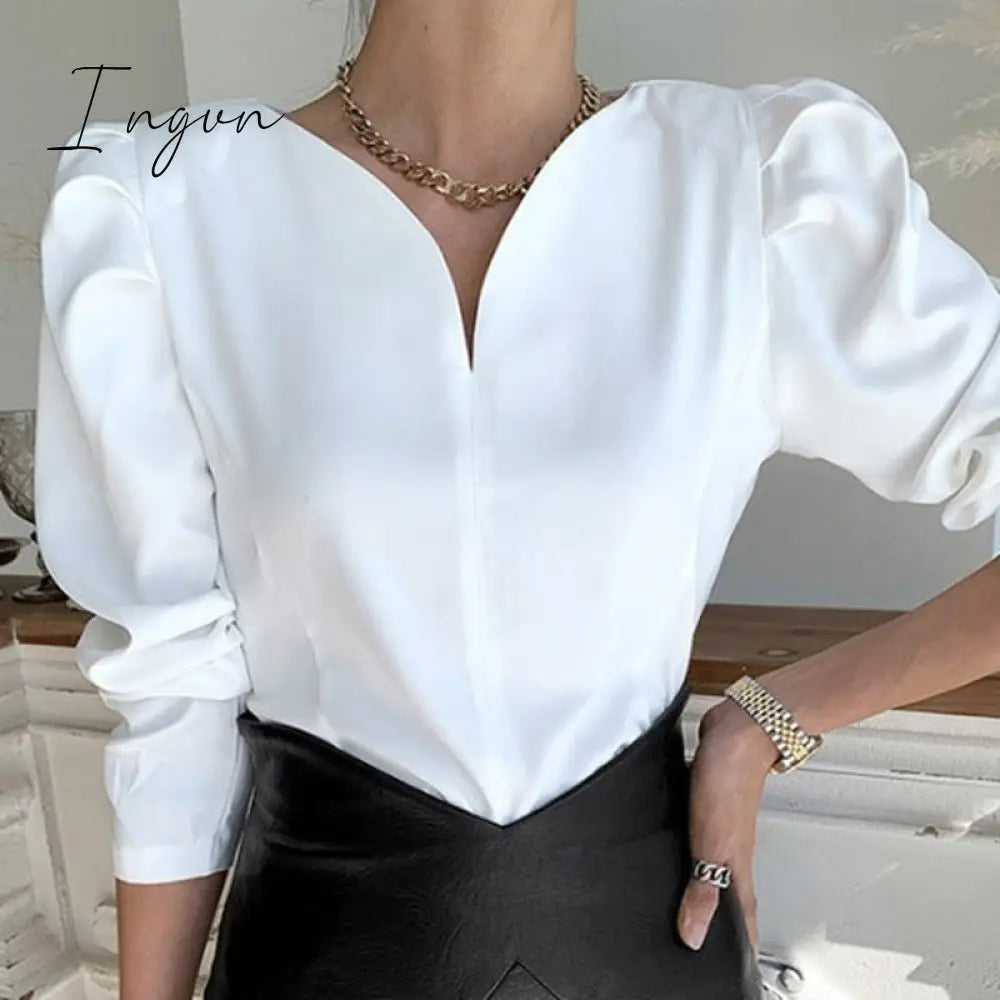 Ingvn - Puff Sleeve Office Lady V-neck Long Sleeve Women Blouses for Women Fashion Spring New Korean Chic Casual Woman Shirts White Tops Blusas Mujer 12899