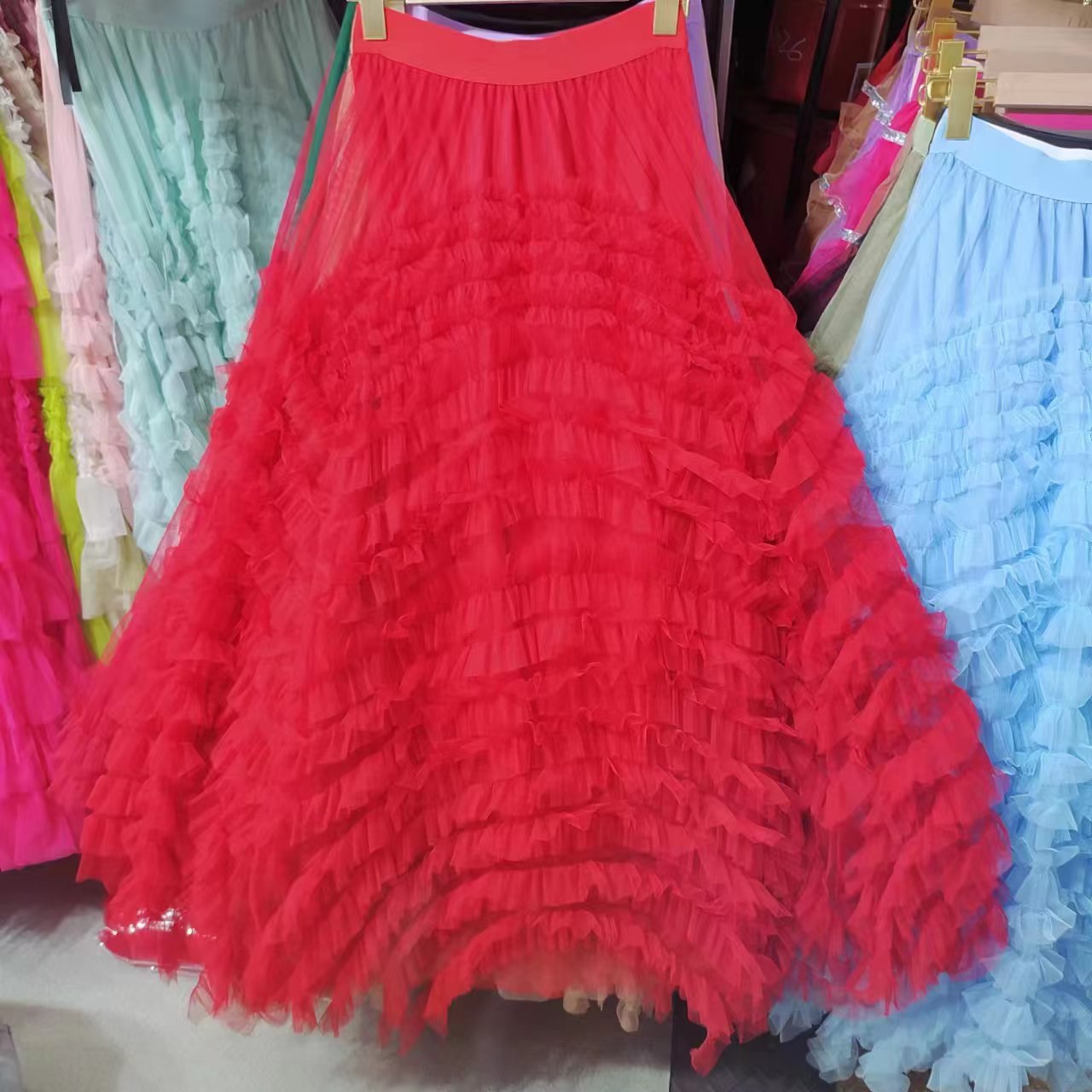 Niche Irregular Mesh Heavy Industry Large Swing Long Skirt Women's Slim Hip Covering Gorgeous Fairy Dream Pink Cake Skirt