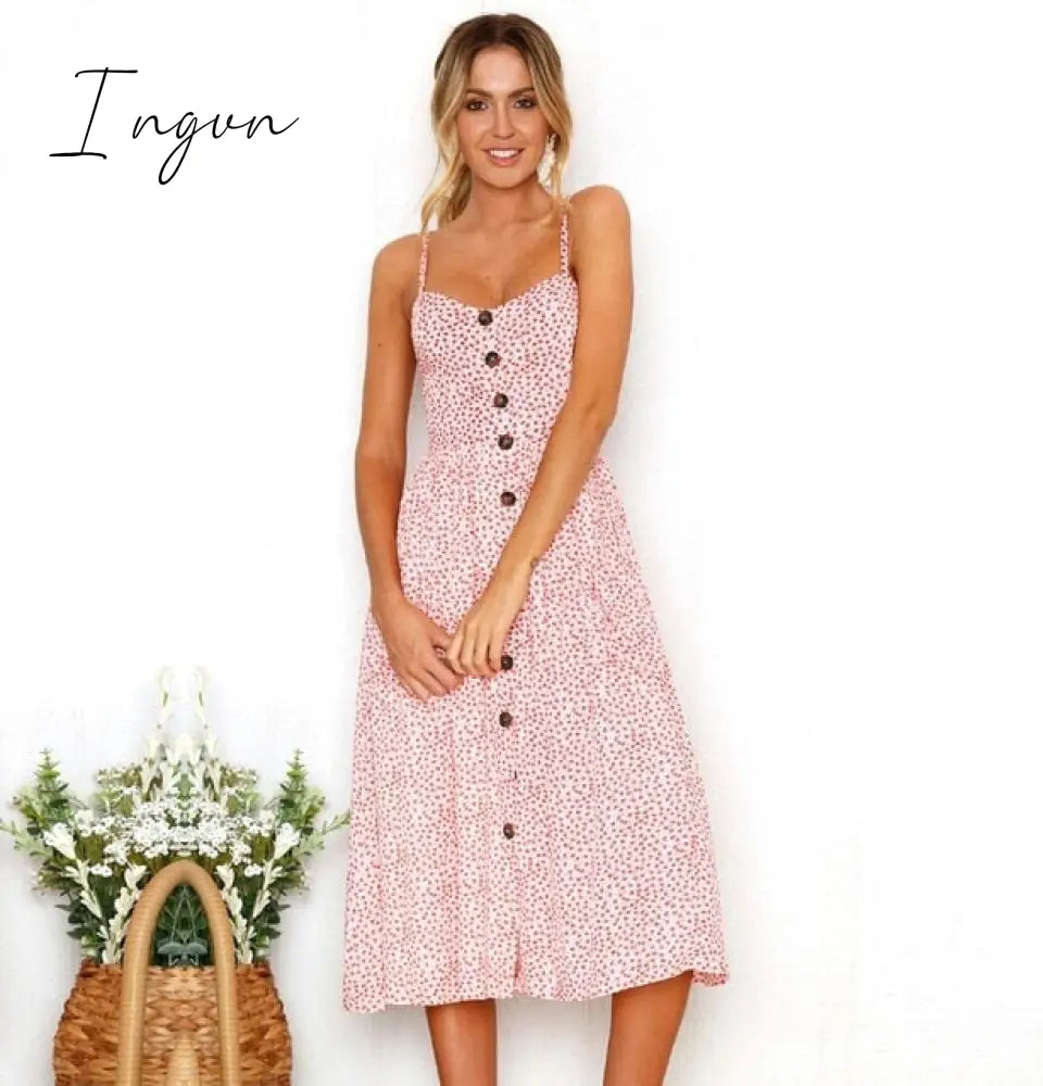 Ingvn - Vintage Casual Sundress Female Beach Dress Midi Button Backless Polka Dot Striped Women Dress Summer Boho Sexy Floral Dress
