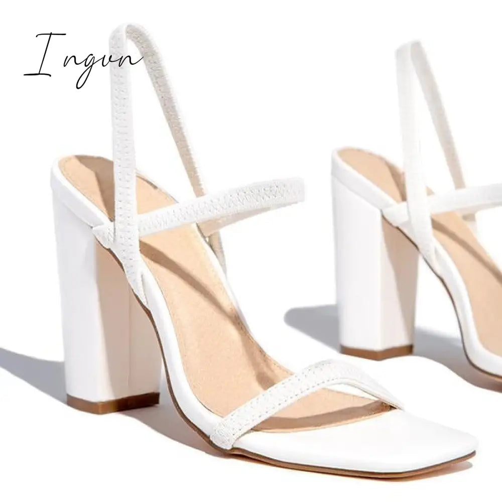 Ingvn - Elastic Straps Squared Toe Chunky Heels
