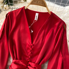 Ingvn - Womens Fashion Irregular Maxi Dress Women Design Hollow Puff Sleeve A-line Dress New Autumn Casual Vacation Split Long Dress