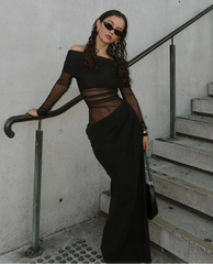 Mesh Ruched Women Maxi Dress Sexy See Through Off Shoulder Long Sleeve Sheath Vestidos Female Midnight Party Solid Robe