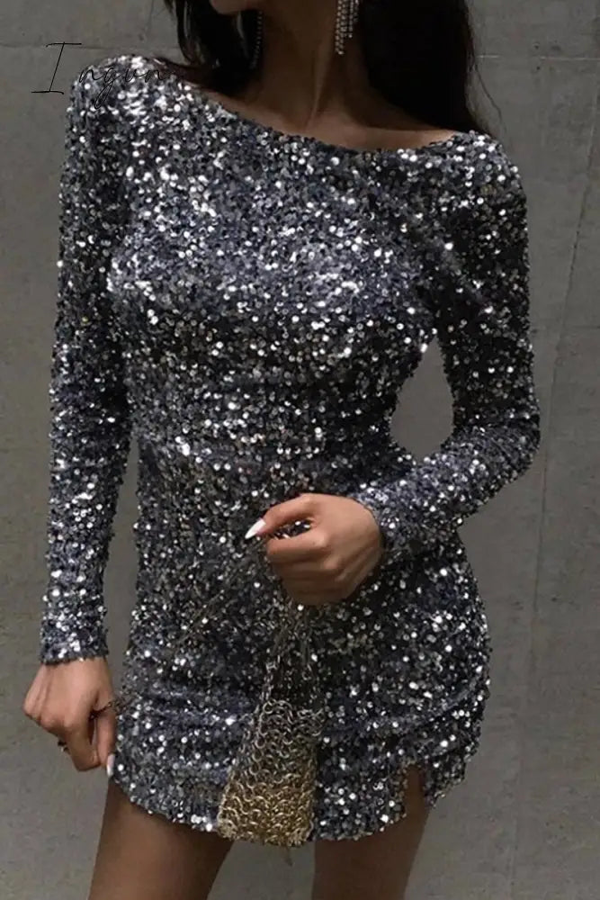 Ingvn - Sexy Solid Backless Sequined O Neck Wrapped Skirt Dresses