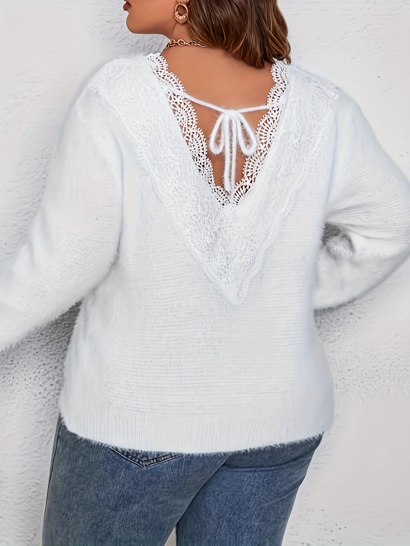 Lace Stitching Crew Neck Fuzzy Sweater, Casual Tied Back Long Sleeve Pullover Sweater, Women's Clothing