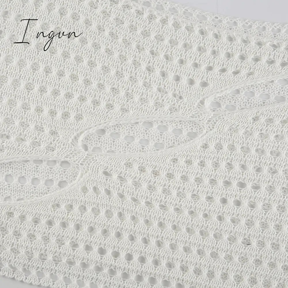 Ingvn - Hot Sell Irregular Hollow Out Knitted Y2K T-Shirts Women Summer Vacation Clothes O Neck Flare Sleeve See Through Casual Tops