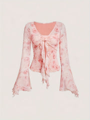 [Slim Floral Print Knot Tee] Floral Print Knot Front Slim T-Shirt, Elegant Flare Sleeve T-Shirt For Spring & Fall, Women's Clothing