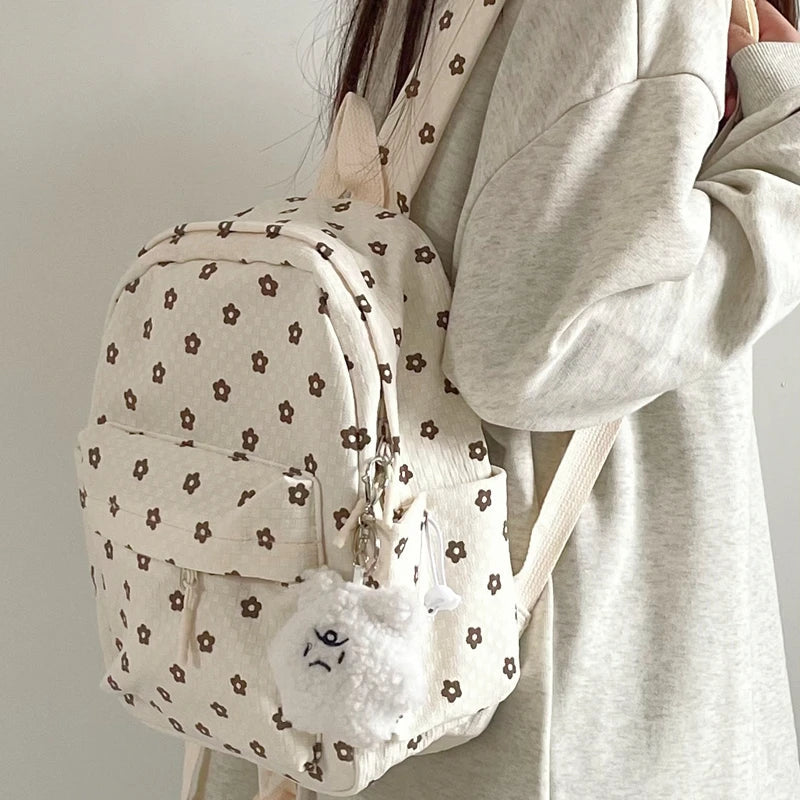 INGVN  Mini Japanese Sweet Floral Print Backpack Casual Y2k Aesthetic Preppy Schoolbags Women Kawaii All Match Backpacks for Students