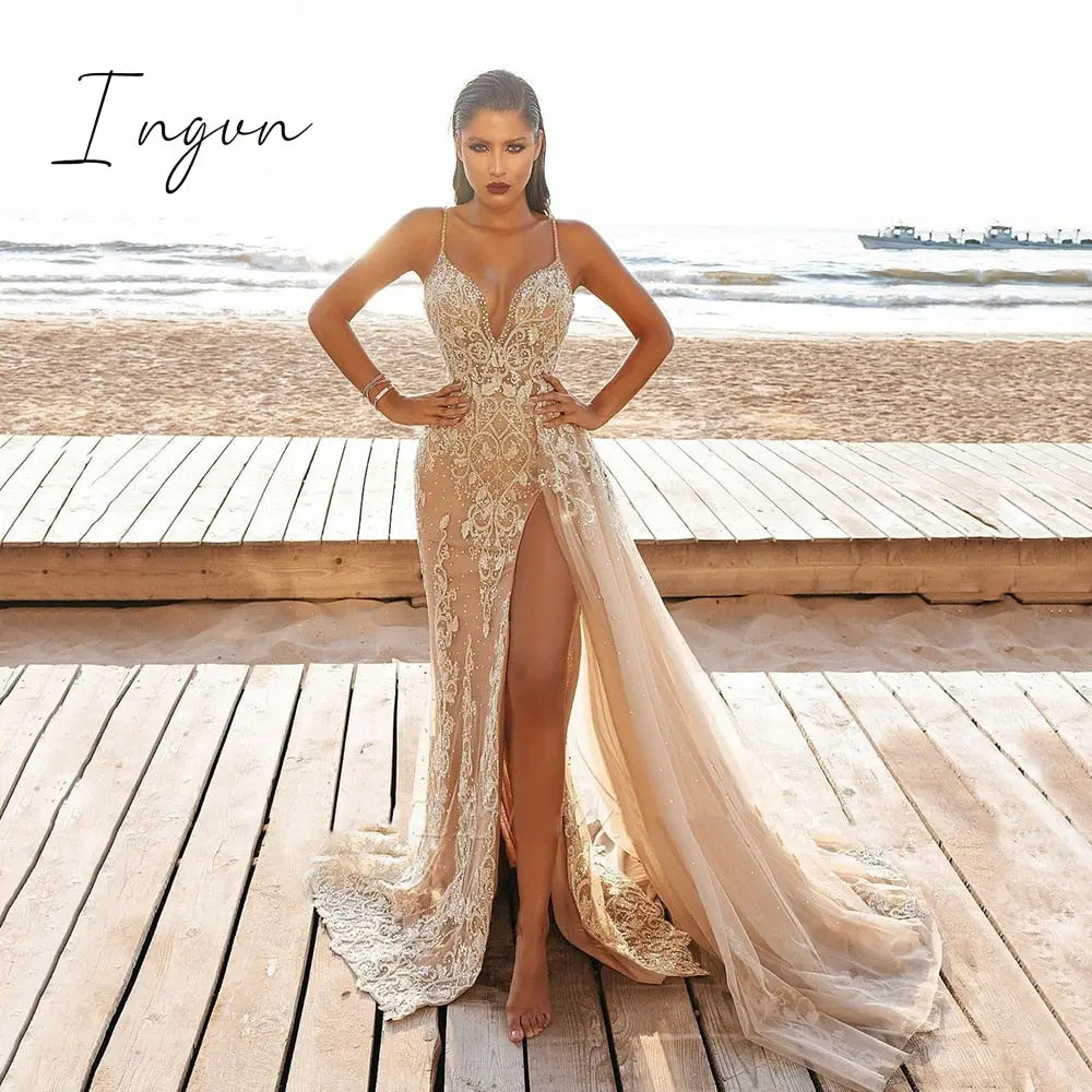 Ingvn - Wedding Party Dress Female Evening Elegant Sexy Deep V Neck Spaghetti Strap Sleeveless Sequined Long Maxi Dresses For Women