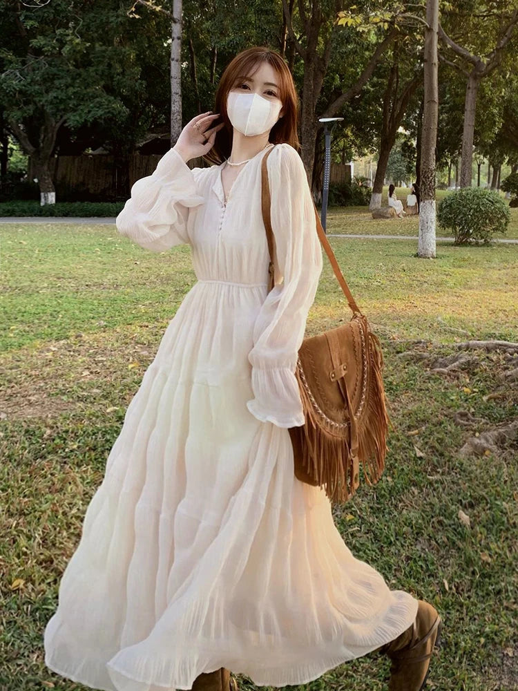 French Elegant Dress Women Vintage A-line Flare Sleeve Spring Autumn Fashion Casual Solid Party Prom Robe Vestidos New