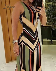Ingvn - Colorful Striped Print Side Slit Maxi Dress Women Colorblock Sleeveless Slim Long Dresses