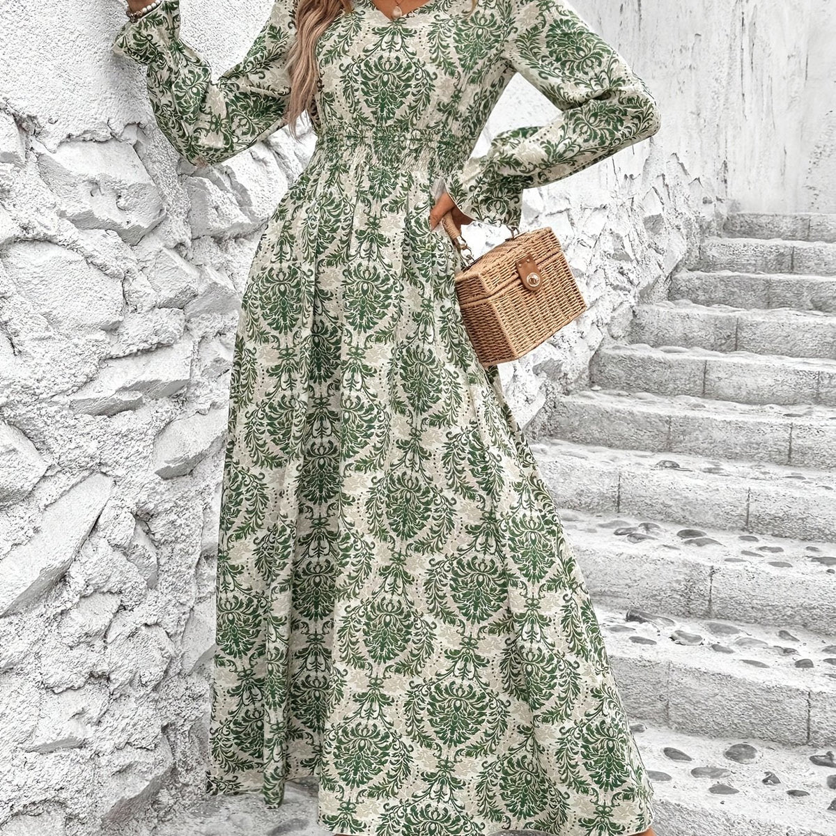 Paisley Print V Neck A-line Dress, Elegant Cinched Long Lantern Sleeve Dress For Spring & Fall, Women's Clothing
