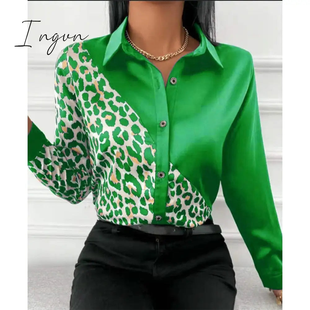 Ingvn - Women Long Sleeve Shirts Autumn New Elegant Satin Blouses Tops Office Leopard Print Patchwork Shirt Ladies Casual Lapel Top