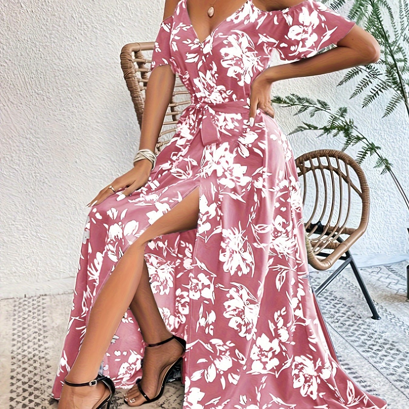 Vibrant Floral Print A-Line Dress - Cold Shoulder, Belted, Split Sleeveless, Elegant, Comfortable, Spring & Summer Essential - Women's Clothing, Perfect for Outdoor Activities