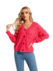 Beaded Heart Pattern Knit Cardigan, Casual Button Down Long Sleeve Sweater, Women's Clothing