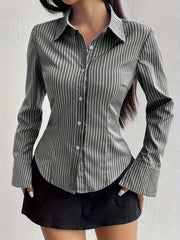 [Long Sleeve Shirt for Women] Elegant Striped Long Sleeve Shirt for Women - Slim Fit, Polyester, Machine Washable - Perfect for Spring/Fall