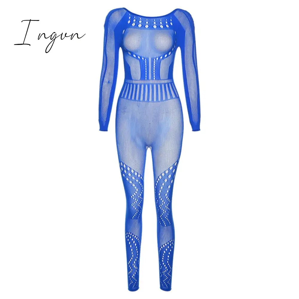 Ingvn - Hollow Out Knitted Mesh Jumpsuits Women Sexy See Through Long Sleeve Hipster Stretchy Skinny Overalls Clubwear Romper