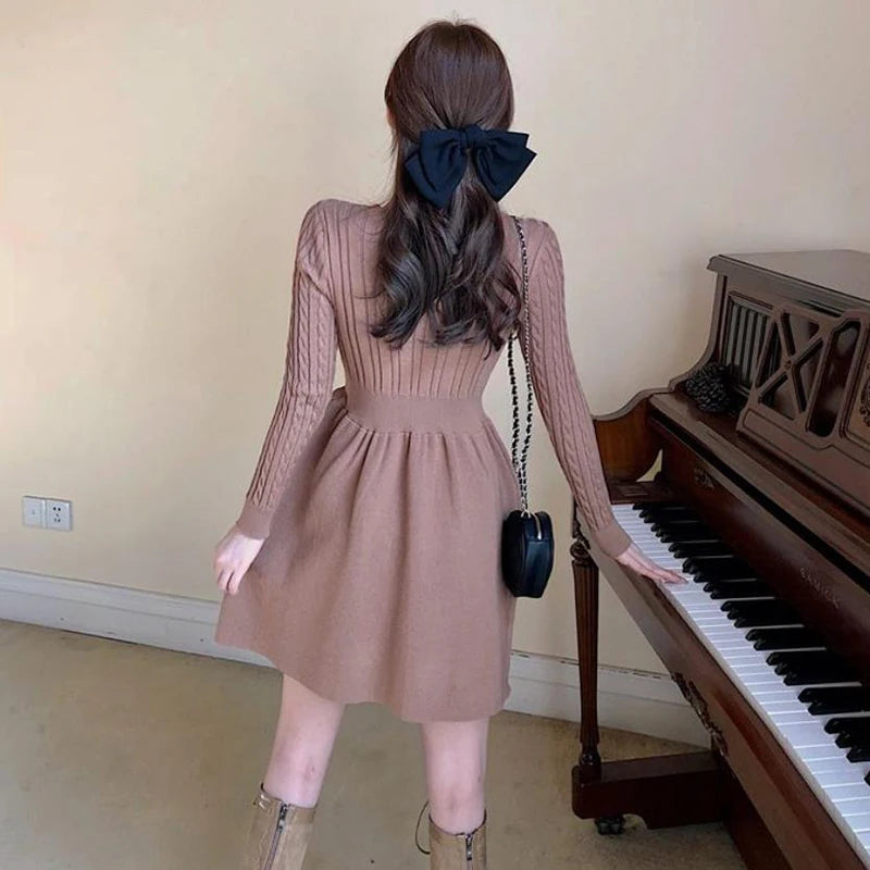 Korean Style Solid Inside Knitting Mini Dress Woman Autumn Winter Warm Long Sleeve Sweater Dresses Elegant Women's Waist Dress