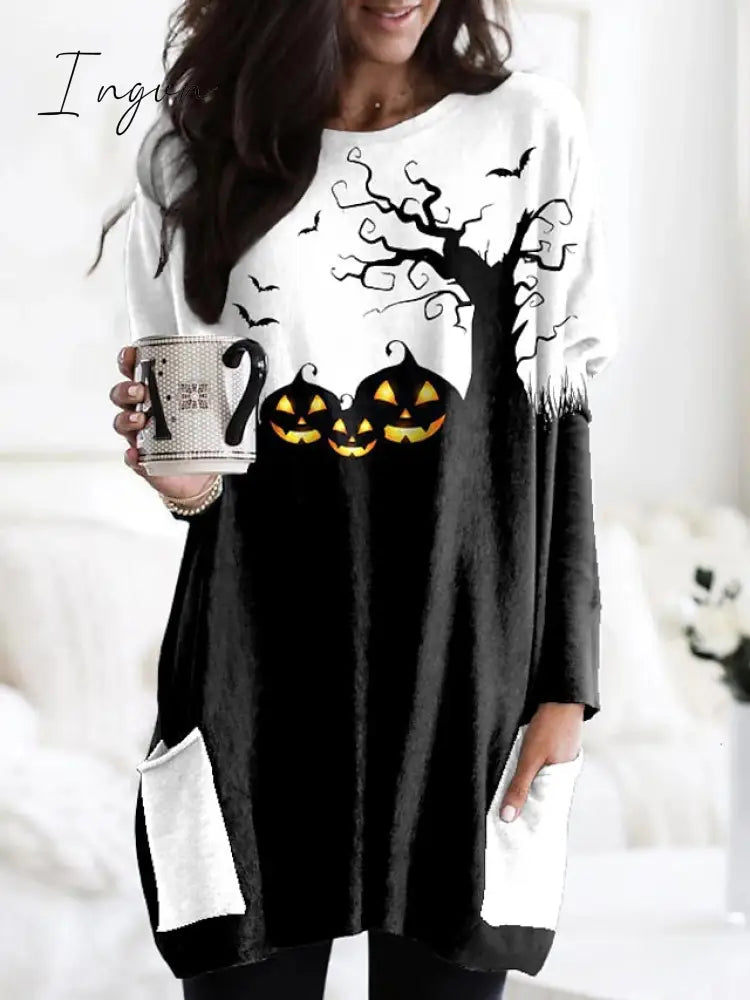 Ingvn - Women's T shirt Tee Tunic Black Graphic Pumpkin Pocket Print Long Sleeve Halloween Weekend Basic Halloween Round Neck Long Floral Abstract Painting S